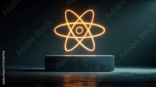 Glowing Atomic Symbol in Dark Environment with Dramatic Lighting
