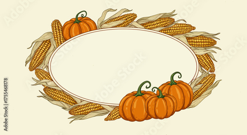Autumn Harvest Oval Frame with Pumpkins and Corn.