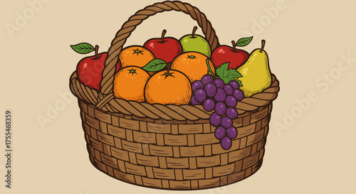 Basket of Fresh Fruits Apples Oranges Grapes Pear.
