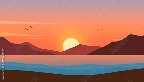 vector illustration of sunset over the lake with the mountains