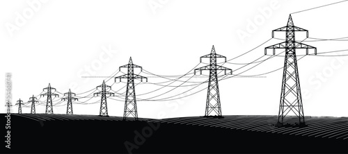 High voltage electricity transmission towers on countryside landscape, power lines infrastructure vector illustration, energy distribution grid concept, industrial engineering background