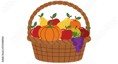 Harvest Fruit Basket Full of Fresh Produce and Pumpkin.
