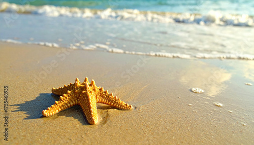 Starfish on a sandy beach with ocean waves in the background.