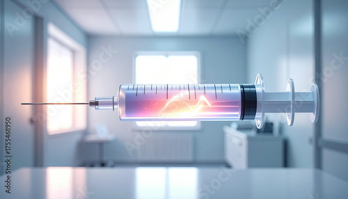 Futuristic medical treatment concept with a glowing syringe.