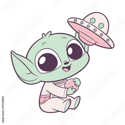 Cute Baby Alien Holding Tiny UFO Toy Cheerful Vector Illustration