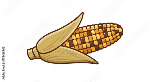 Illustration of a colorful ear of Indian corn with husks peeled back.