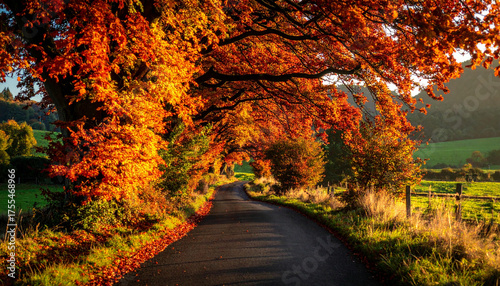 Autumnal Road Tunnel with Vibrant Orange and Red Foliage.