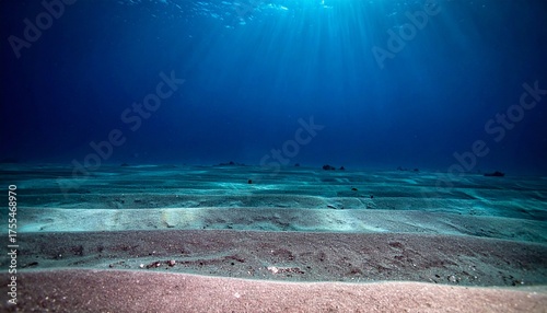 Serene underwater landscape with sandy seabed and sunbeams.