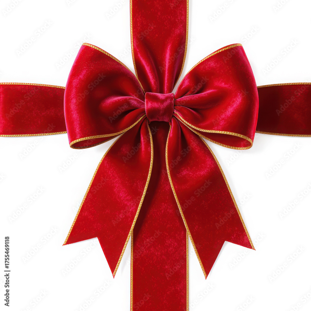 Fototapeta premium Luxurious Red Velvet Ribbon Bow with Gold Trim on Background image photo