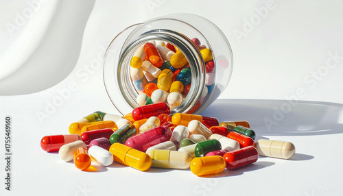 Colorful Capsules Spilling From Glass Jar on White Background.
