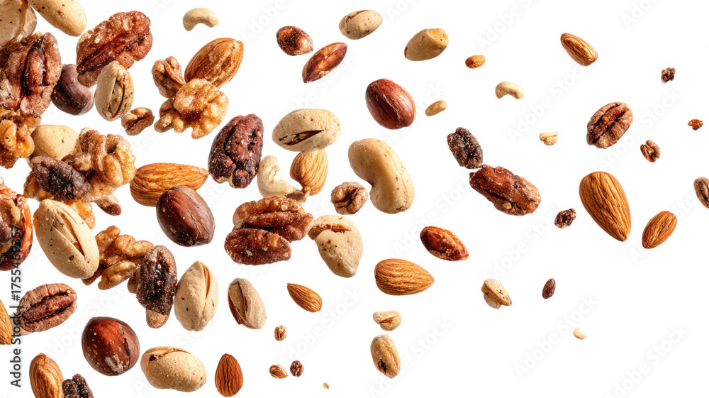 Obraz premium Set of various crushed dried nuts including almonds cashews pistachios and walnuts rich in protein fiber and healthy fats isolated on white background