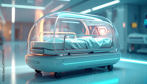 Futuristic Medical Transport Pod in a Modern Hospital Setting.