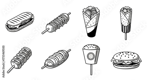 Delicious variety of street food and fast food items arranged for a visually appealing presentation.