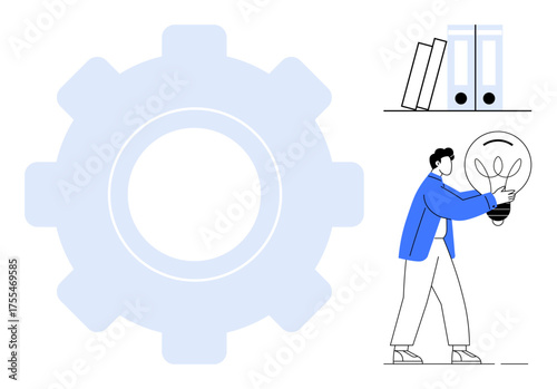 Man holding bright light bulb near large gear and document folders, symbolizing innovation, strategy, productivity, problem-solving, teamwork, efficiency, and creativity in a simple flat metaphor