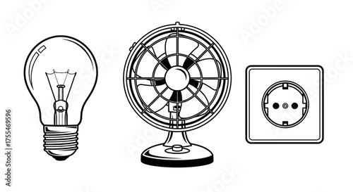 Vintage electric fan, light bulb, and wall socket on a white background