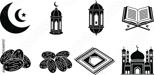 Islamic symbols including crescent moon, lanterns, dates, prayer mat, mosque, and Quran for Ramadan and Eid