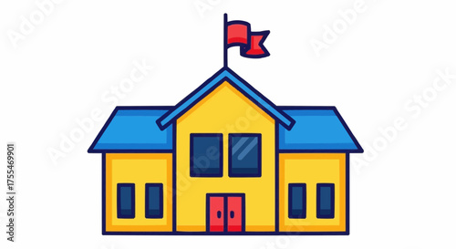 Illustration of a School Building with a Flag on Top, Suitable for Educational Concepts