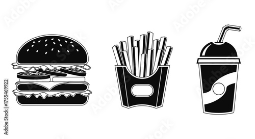 Classic fast food combo: a juicy burger, crispy fries, and a refreshing drink.