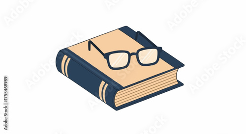 Isometric illustration of a closed book with eyeglasses, symbolizing education, knowledge, and diligent study. Ideal graphic for learning, wisdom, and intellectual pursuits