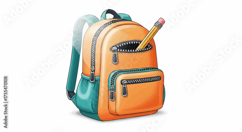 Orange backpack with a pencil sticking out of the front pocket, perfect for school or travel illustrations