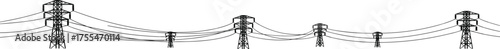 High voltage electricity transmission towers with power lines, industrial energy infrastructure illustration, electrical grid system design, renewable energy concept vector