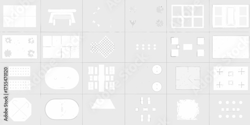 Collection of simple white icons and symbols on a light gray background