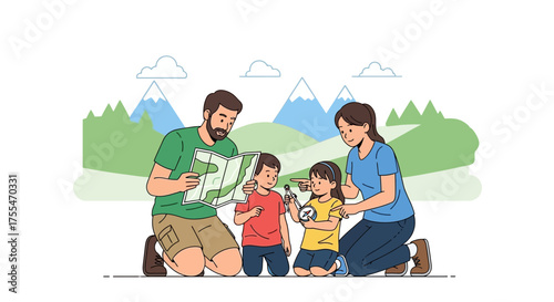 Family Exploring Outdoors Discovering Nature And Utilizing Navigation Tools Together