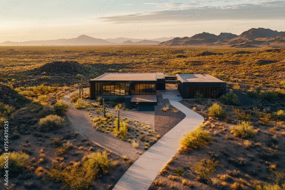 Obraz premium A house in the desert with a path leading to it