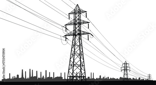 High voltage power transmission tower silhouette, electricity pylons with industrial city background, electric energy infrastructure, urban power grid network vector illustration design