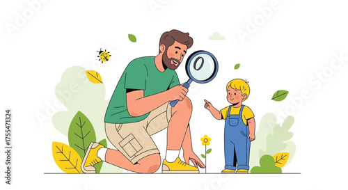 Father And Son Exploring Nature Together, Discovering New Things And Enjoying The Moment