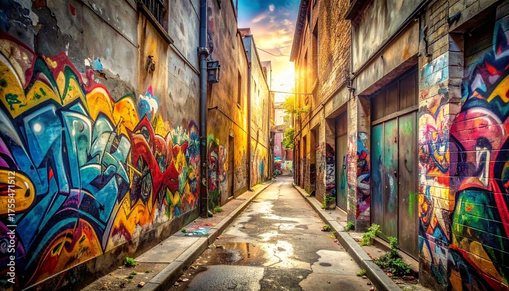 Fototapeta premium Vibrant Graffiti Art in a Narrow Urban Alley at Sunset.