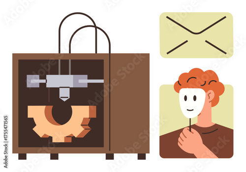 3D printer crafting a gear, person holding mask, and envelope symbol. Ideal for technology, innovation, identity, communication, creativity automation education. Minimalist flat metaphor
