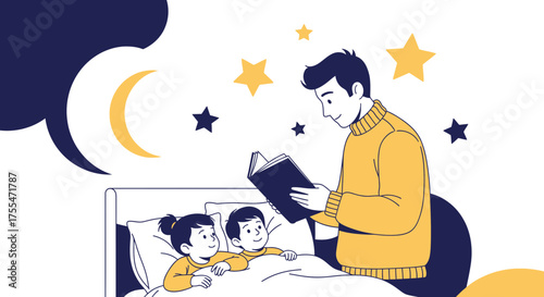 Father Reading A Bedtime Story to His Children Under The Shining Stars At Night