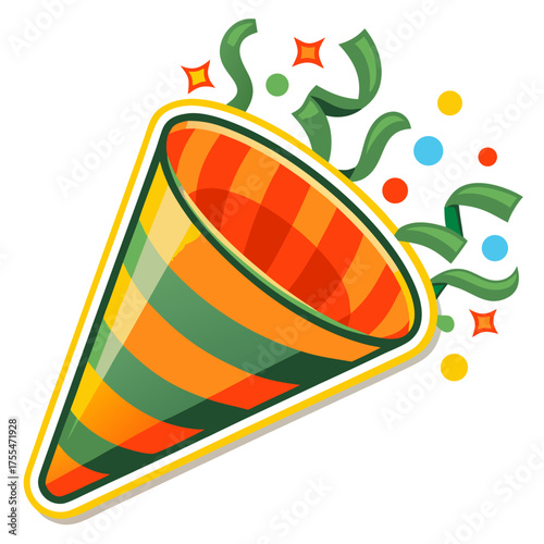 Colorful sticker of cartoon party popper with confetti and streamers ready for celebration