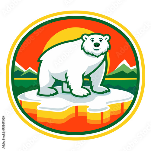 Colorful sticker of cartoon polar bear standing on an ice floe with a sunset background