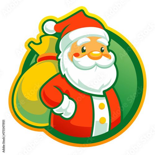 Cheerful sticker of cartoon Santa Claus with a big bag of gifts in a vibrant circular design