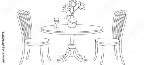 Dining Table and Chairs Line Drawing with Transparent Background. Isolated Object. Restaurant Furniture.