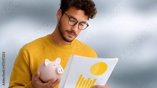 Young man analyzing financial graph, saving money, piggy bank, investment. Focused entrepreneur reviewing business chart, planning personal budget, holding savings concept, serious male