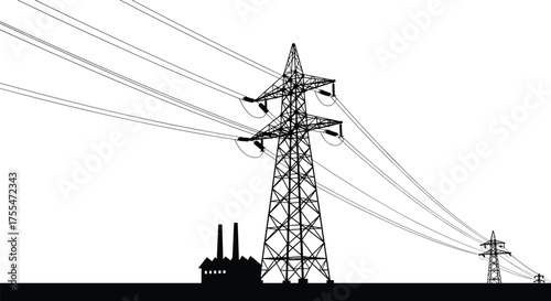 High voltage power transmission towers with industrial factory silhouette, black and white vector illustration, energy infrastructure design for electricity and industrial supply concept