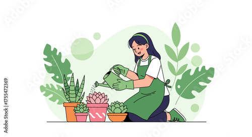 Gardening Woman Watering Plants with Enthusiasm and Love in Digital Vector