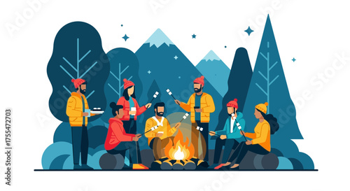 Group Of Adventurers Enjoying Campfire And Roasting Marshmallows Under Stars