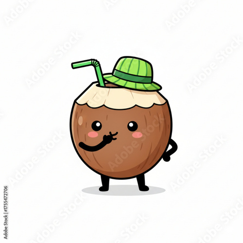 Cute coconut character wearing a green hat and straw, smiling happily on a white background. Perfect for summer or tropical-themed designs.