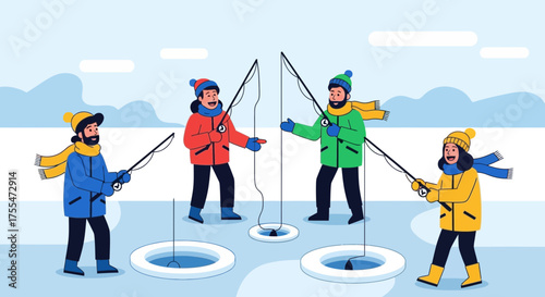 Group Of Friends Enjoy Cold Winter Day Ice Fishing In Snowy Landscape Together