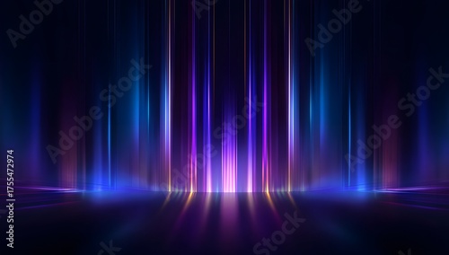 Abstract vertical glowing lines of vibrant purple and electric blue light streaks creating a futuristic and energetic digital background effect with a dark gradient