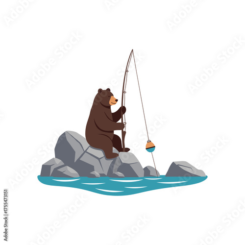 Adorable bear fishing on rocks in river with bobber and fishing rod vector
