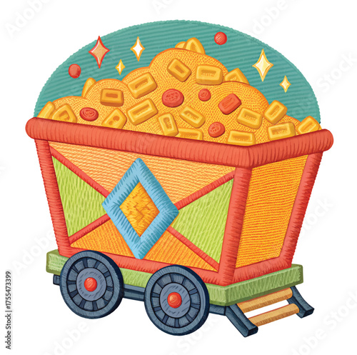 Whimsical mine cart overflowing with gold bars and coins, a treasure trove of golden riches, perfect for children's books and adventurous themes