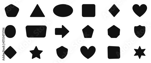Collection of geometric shapes including triangles, squares, stars, hearts, and arrows in bold silhouette style on white background. Ideal for education, design, and symbol projects.