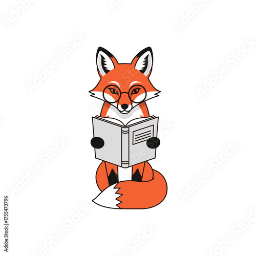 Adorable cartoon fox wearing glasses reading a book for children's education and storytelling vector