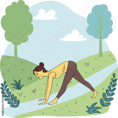 Woman practicing yoga in a peaceful park setting with trees and clouds