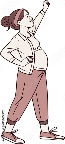 Empowered pregnant woman stands strong with fist raised in celebration and hope